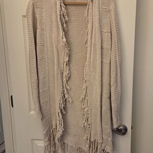 Boston Proper Beige Knit Cardigan with Fringe
